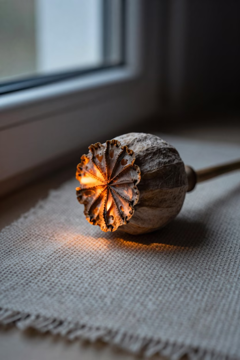 Predawn Firelight Macro of Poppy Seed Pod Crown in against woven linen fibers in Northern Liberties, Philadelphia