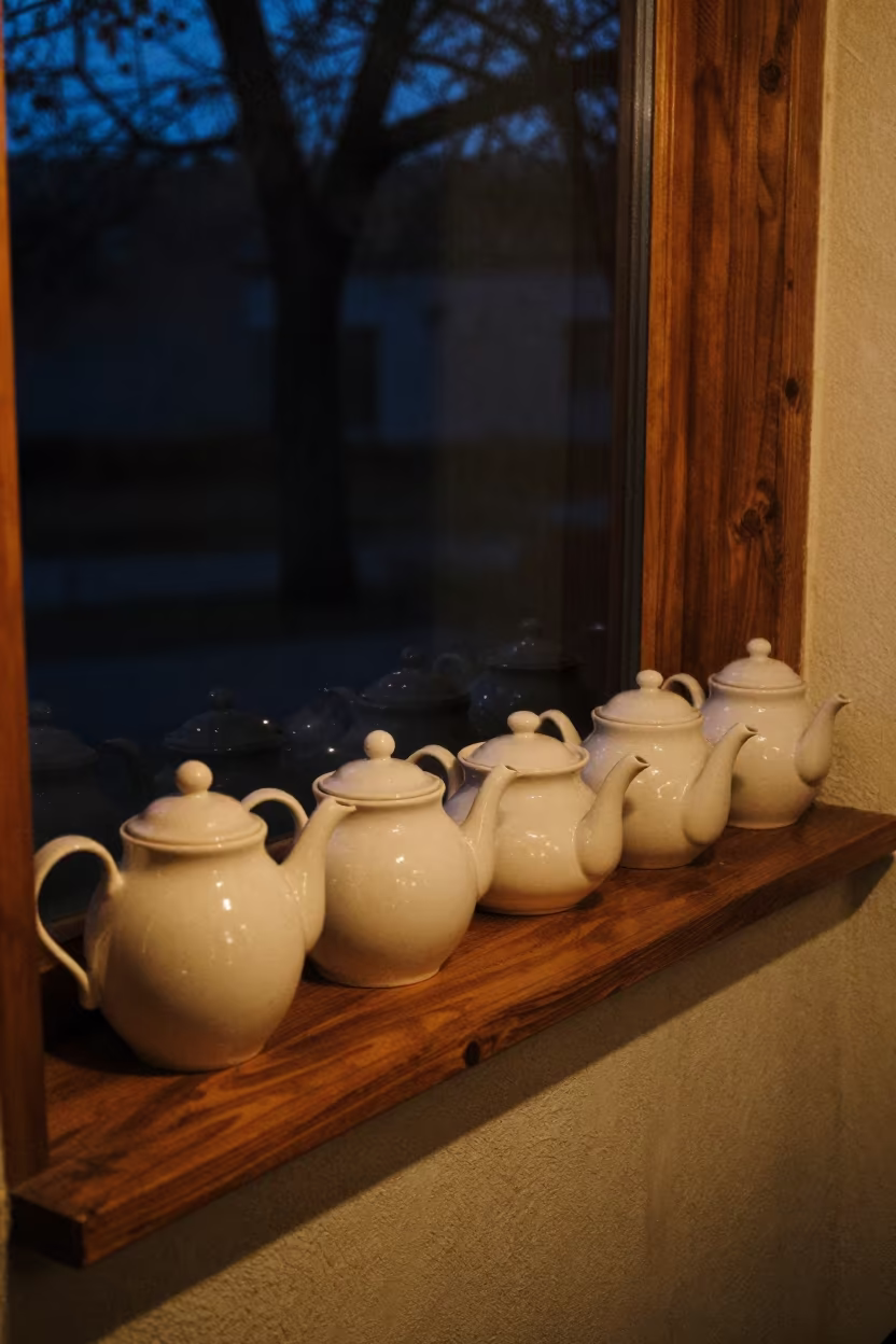 Predawn Firelight Teapots Taloqan Kitchen in in a breakfast nook in Taloqan