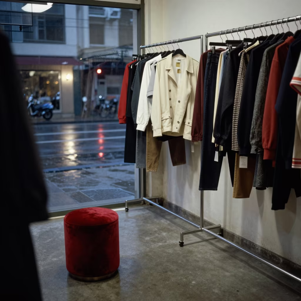 Predawn Fitting Room with Velvet Stool in inside a stockroom behind the sales floor in Surat