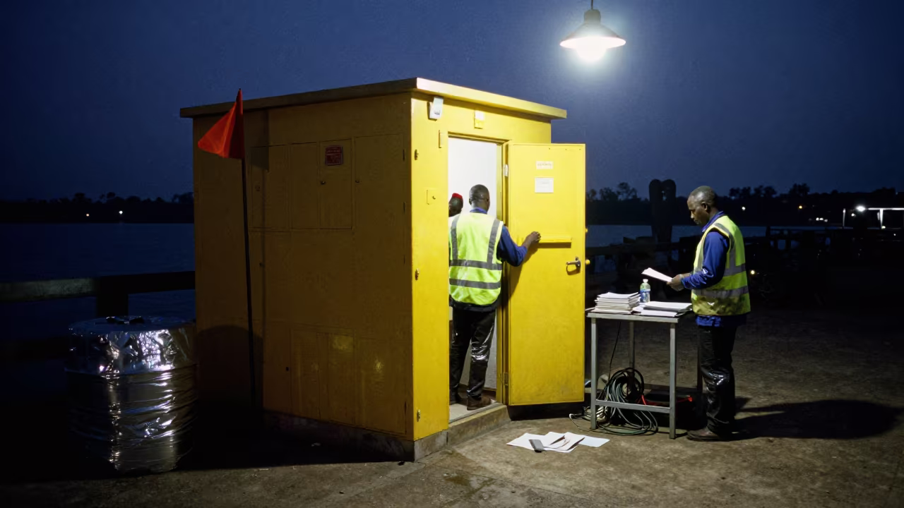 Predawn Flag Locker Handoff in Malakal Dock Office in inside a dispatch office above the dock in Malakal