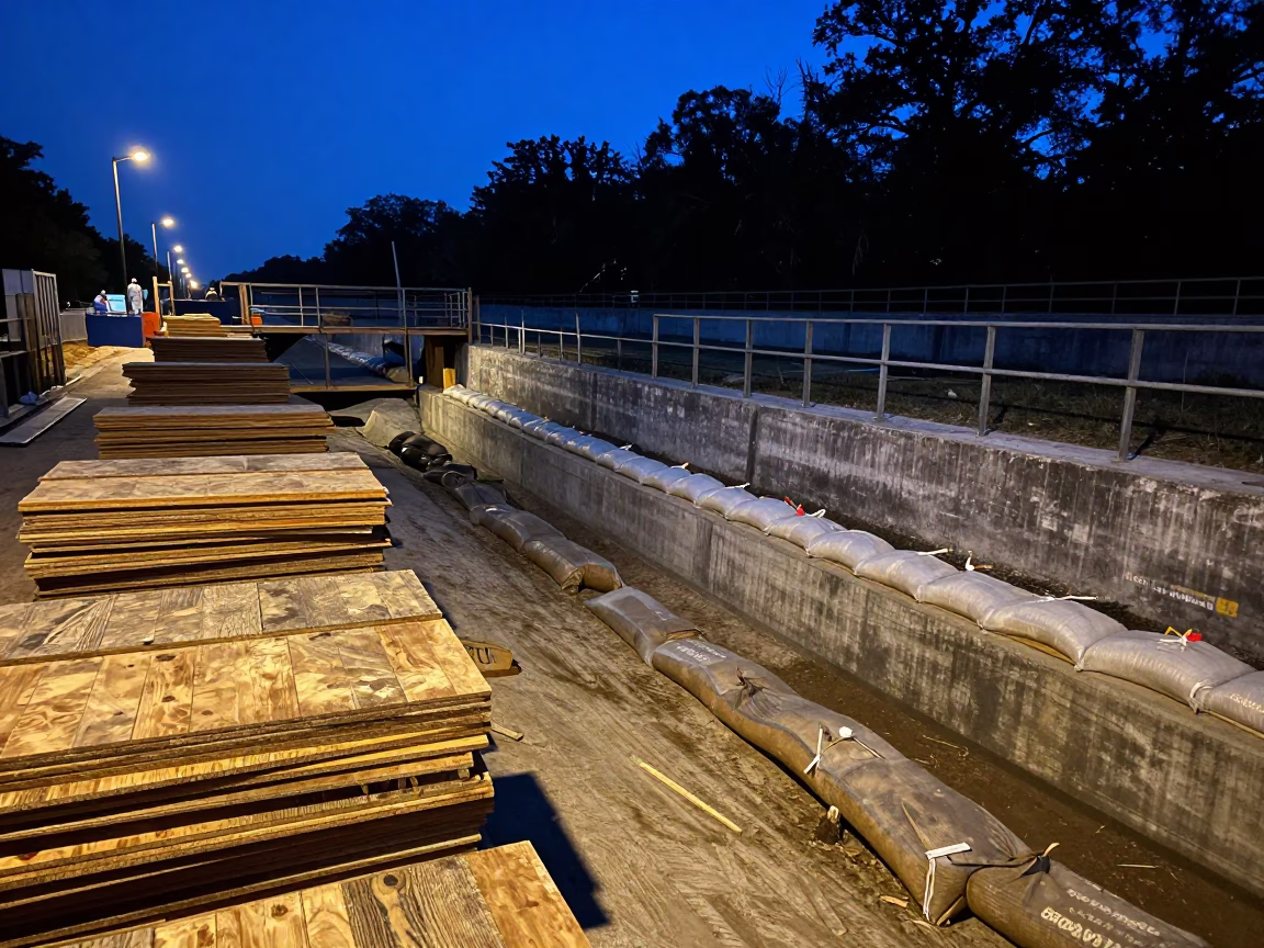 Predawn Flood Preparation at New Orleans Levee With Plywood Sandbags and Steam in in New Orleans, Louisiana, United States