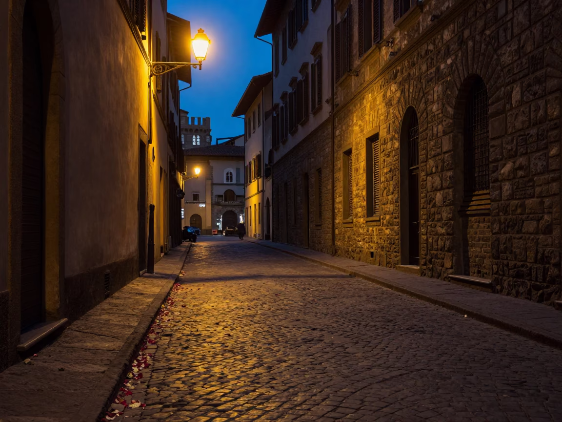 Predawn Florence Italy cobblestone street with fallen rose petals and dim streetlamp light in in Florence, Italy