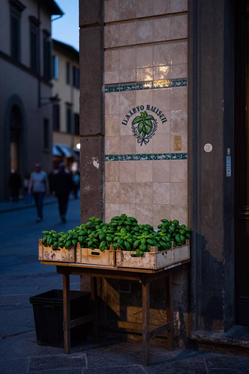 Predawn Florence Italy Street Scene with Basil Leaves and Tile Grout in in Florence, Italy