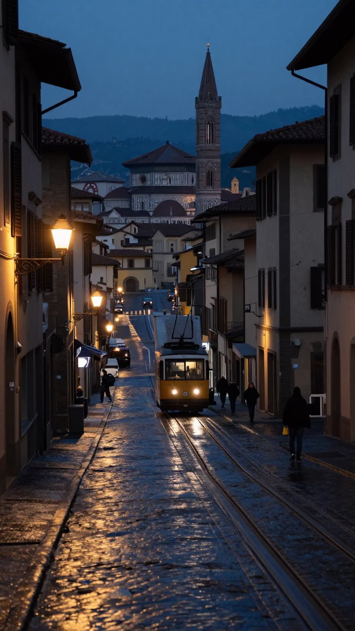 Predawn Florence Italy Street Scene with Funicular Climbing Steep Hill in Early Morning Darkness in in Florence, Italy