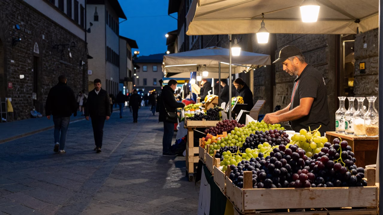 Predawn Florence Italy street scene with grapes and glass sugar jar on market table in in Florence, Italy