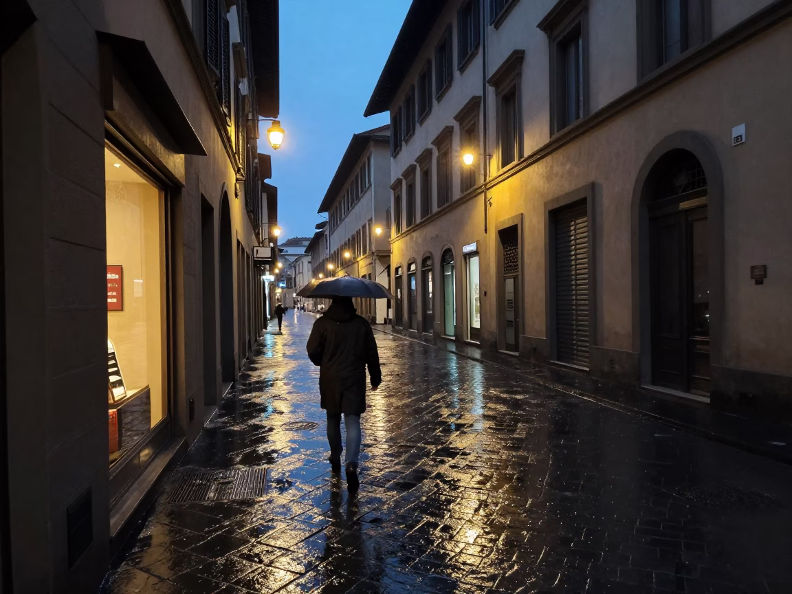 Predawn Florence Italy Street Scene with Rain and Urban Life in in Florence, Italy