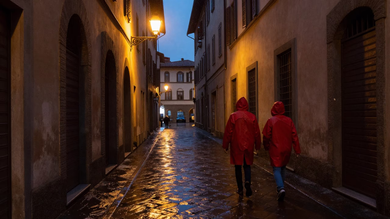 Predawn Florence Italy Street Scene with Raincoats and Wicker Shadows on Historic Stone in in Florence, Italy