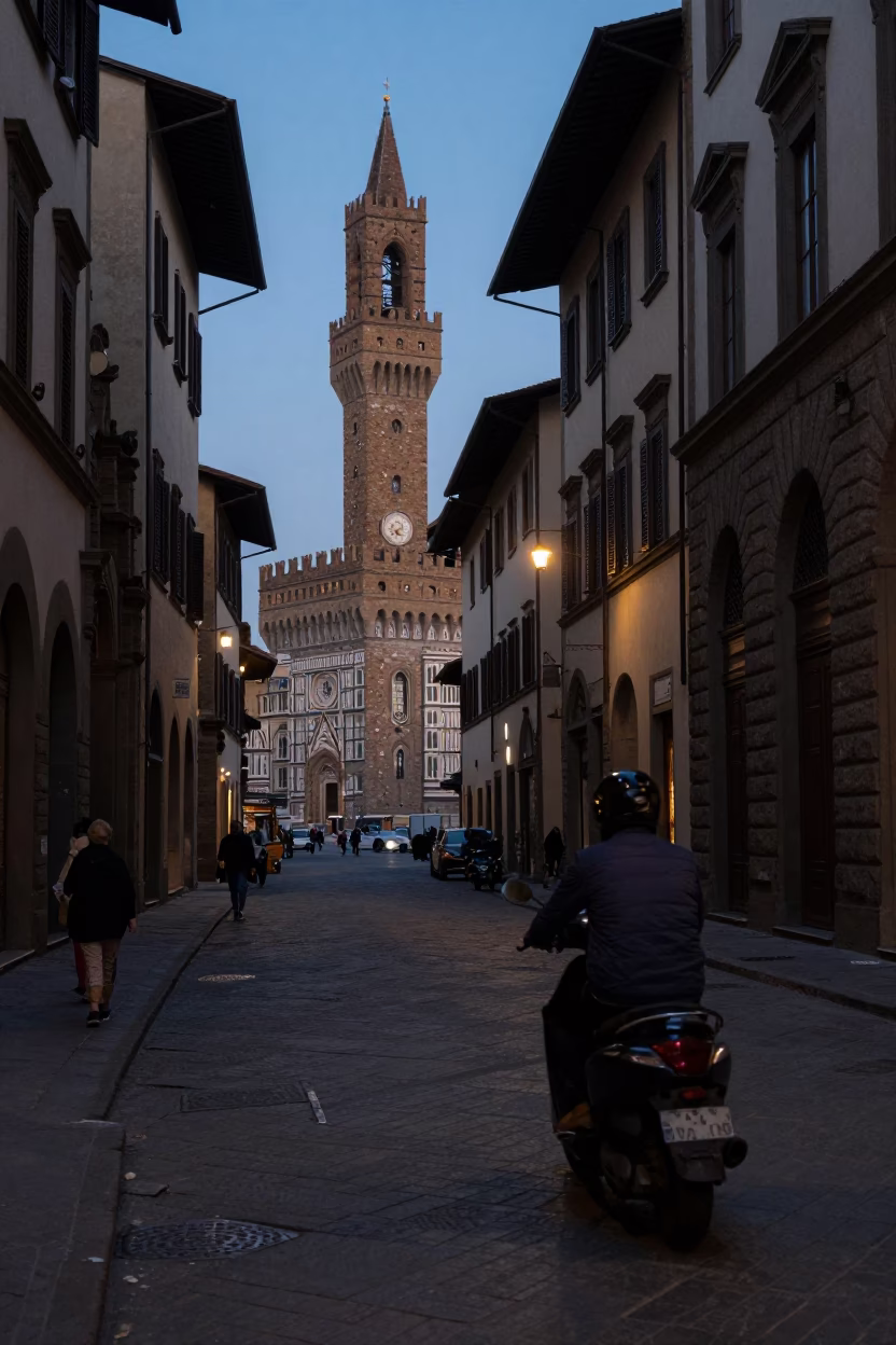 Predawn Florence Italy Street Scene with Scooter and Historic Architecture in in Florence, Italy