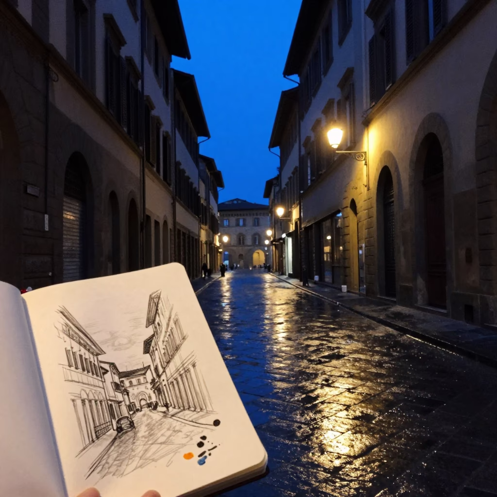 Predawn Florence Italy Street Scene with Sketchbook and Paint Flecks in in Florence, Italy