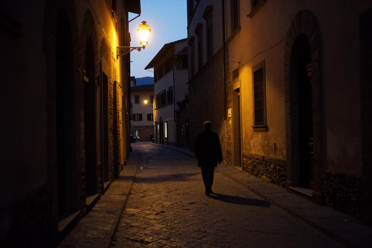 Predawn Florence Italy street scene with solitary figure and streetlamp in in Florence, Italy