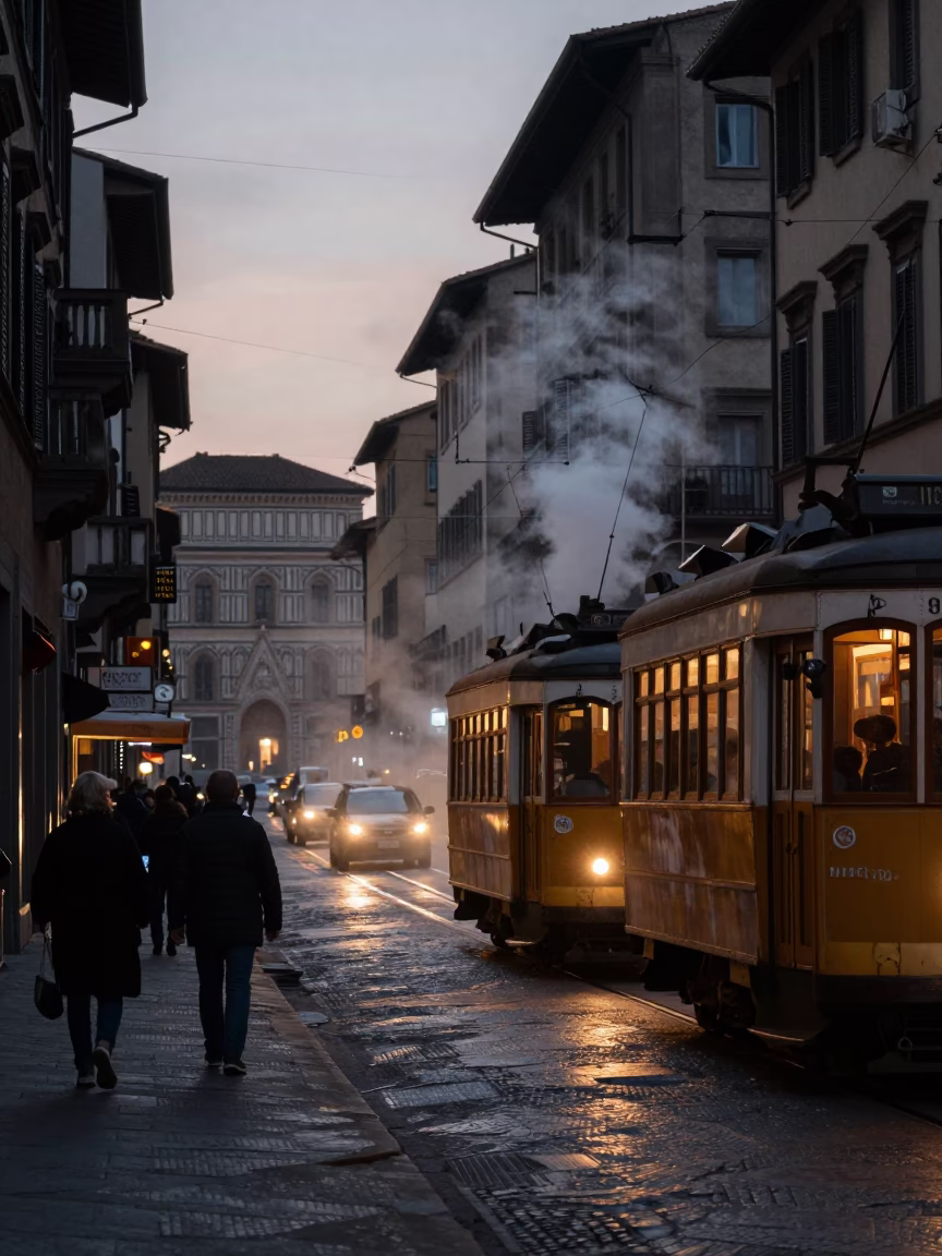 Predawn Florence Italy Street Scene with Steam Haze and Vintage Tram on Steep Hill in in Florence, Italy