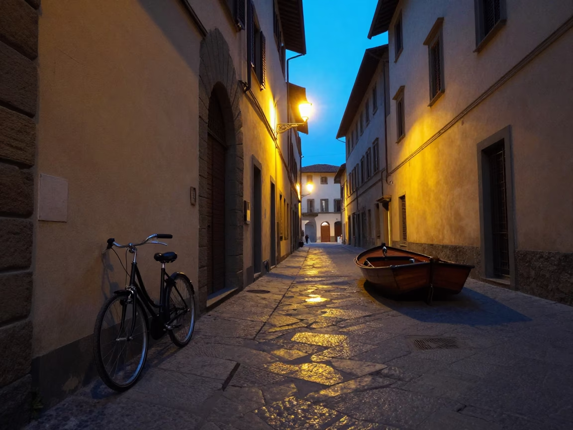 Predawn Florence Street Scene with Bicycle and Wooden Boat Decor in Italy in in Florence, Italy