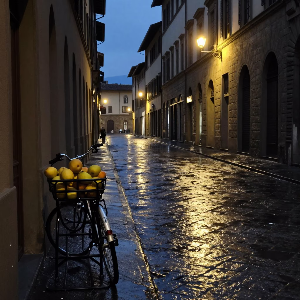Predawn Florence Street Scene with Bicycle Rack and Fruit Crate in Italy in in Florence, Italy
