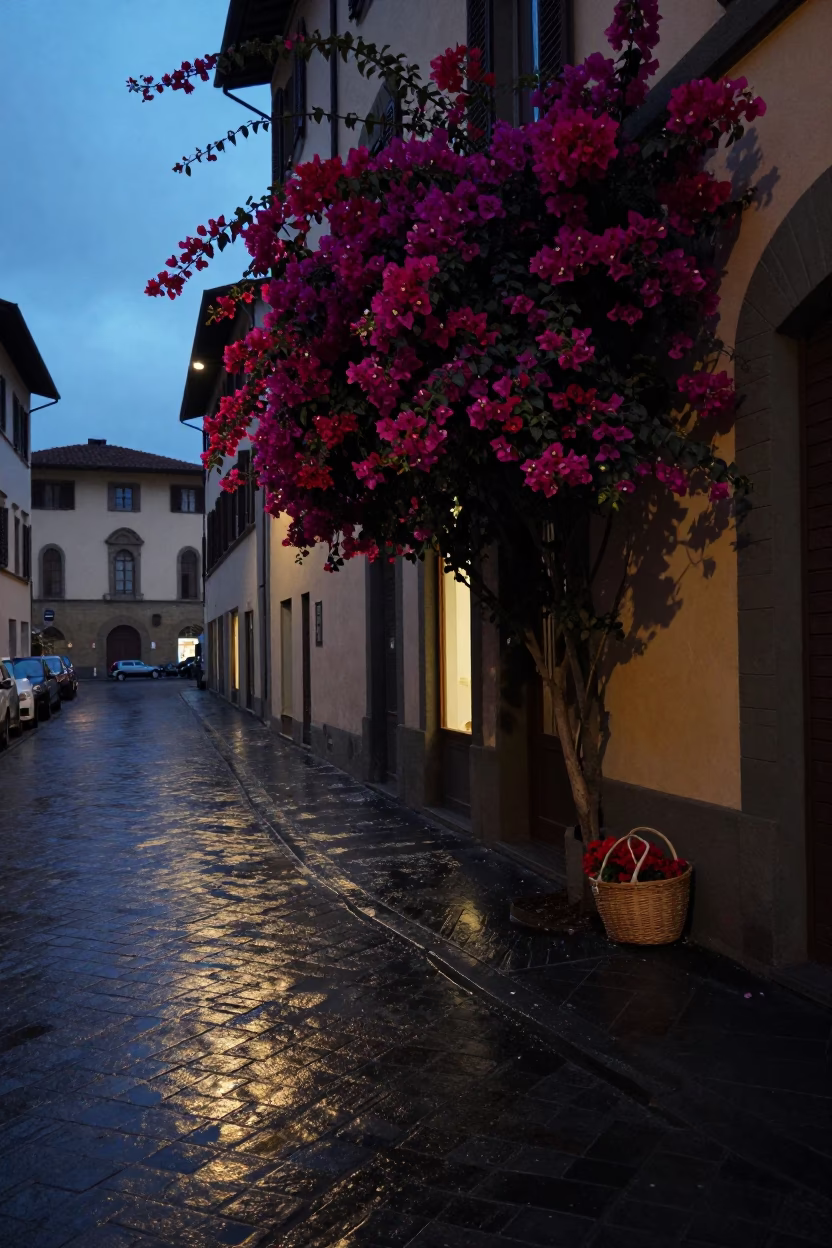 Predawn Florence Street Scene with Bougainvillea and Basket in in Florence, Italy