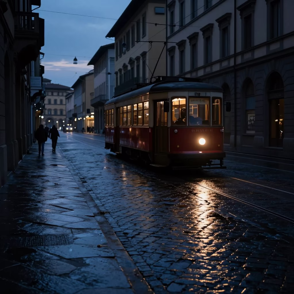 Predawn Florence Street Scene with Heritage Tram and Cobblestones in in Florence, Italy