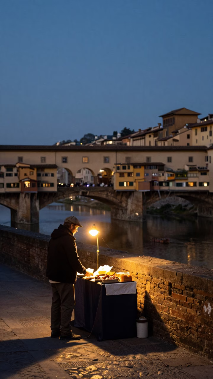 Predawn Florence Street Scene with Local Vendor and Vintage Radio in in Florence, Italy