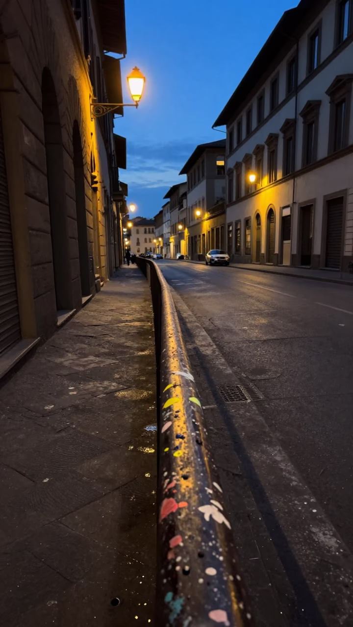 Predawn Florence Street Scene with Paint Flecks on Rail and Urban Infrastructure in in Florence, Italy