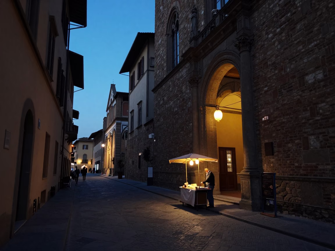 Predawn Florence Street Scene with Paper Lanterns and Early Market Setup in in Florence, Italy
