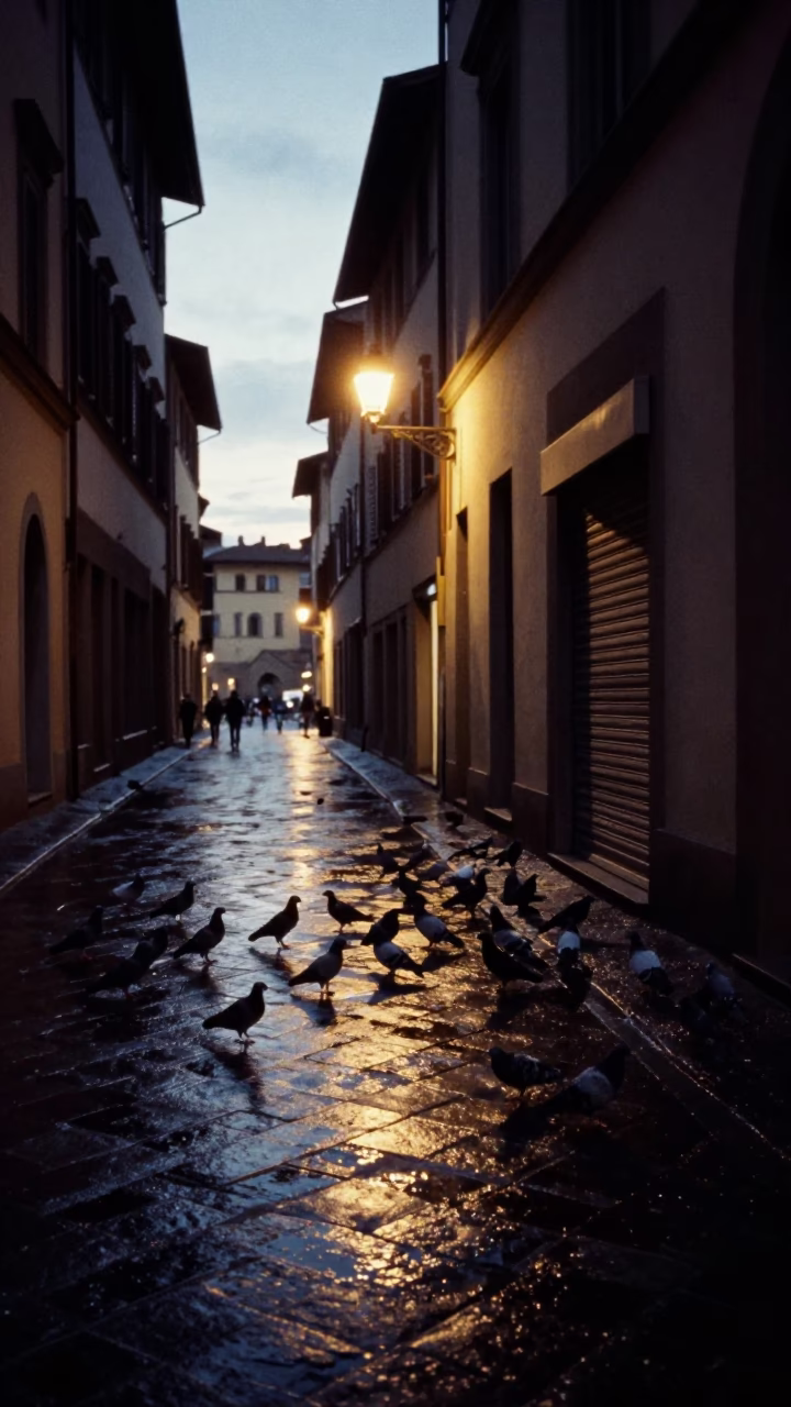 Predawn Florence Street Scene with Pigeons and Wet Cobblestones in Italy in in Florence, Italy