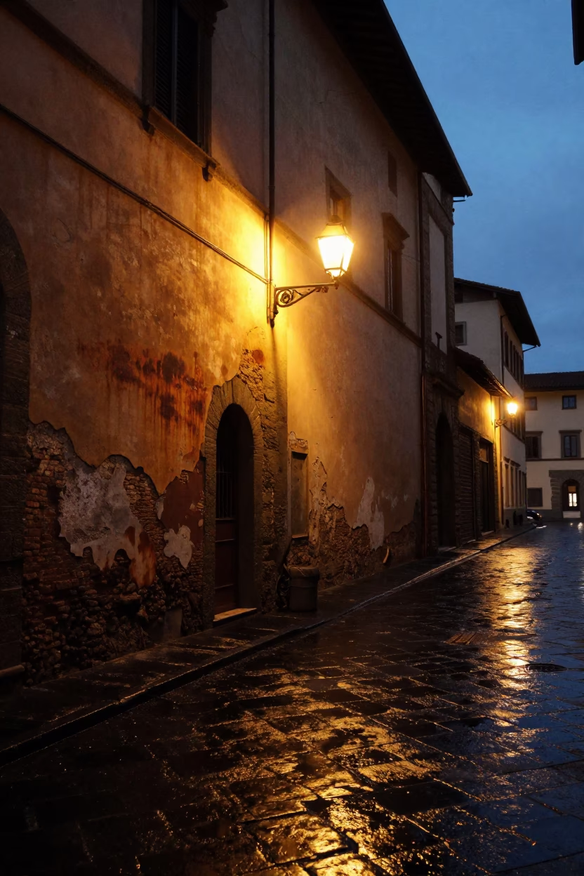 Predawn Florence Street Scene with Rusty Wall and Morning Coffee in in Florence, Italy