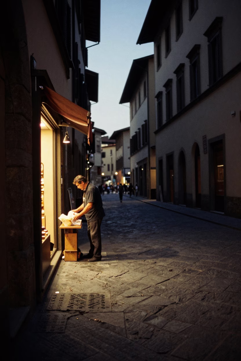 Predawn Florence Street Scene with Shopkeeper Preparing for the Day in in Florence, Italy