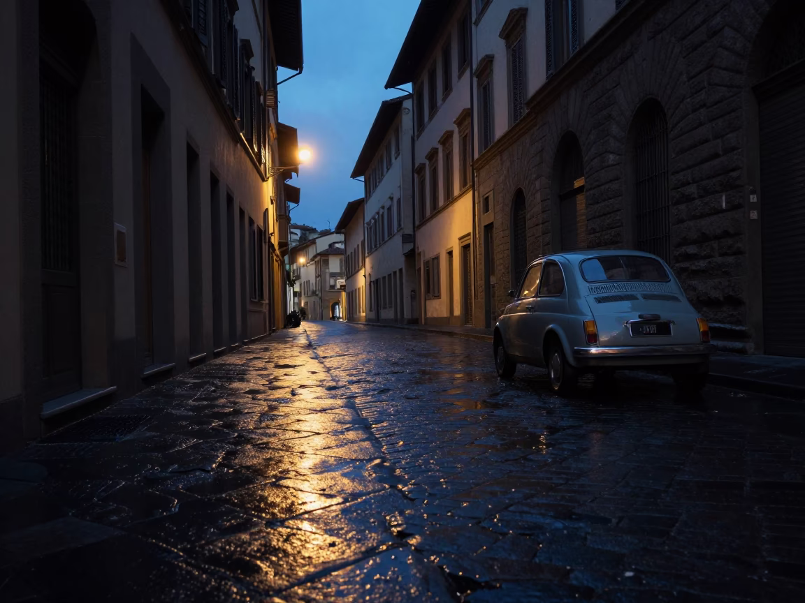 Predawn Florence Street Scene with Vintage Car and Stone Architecture in in Florence, Italy