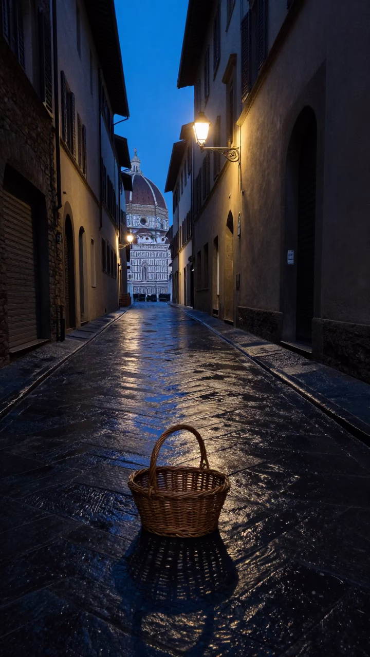 Predawn Florence Street Scene with Wicker Basket Shadow and Morning Coffee Ritual in in Florence, Italy