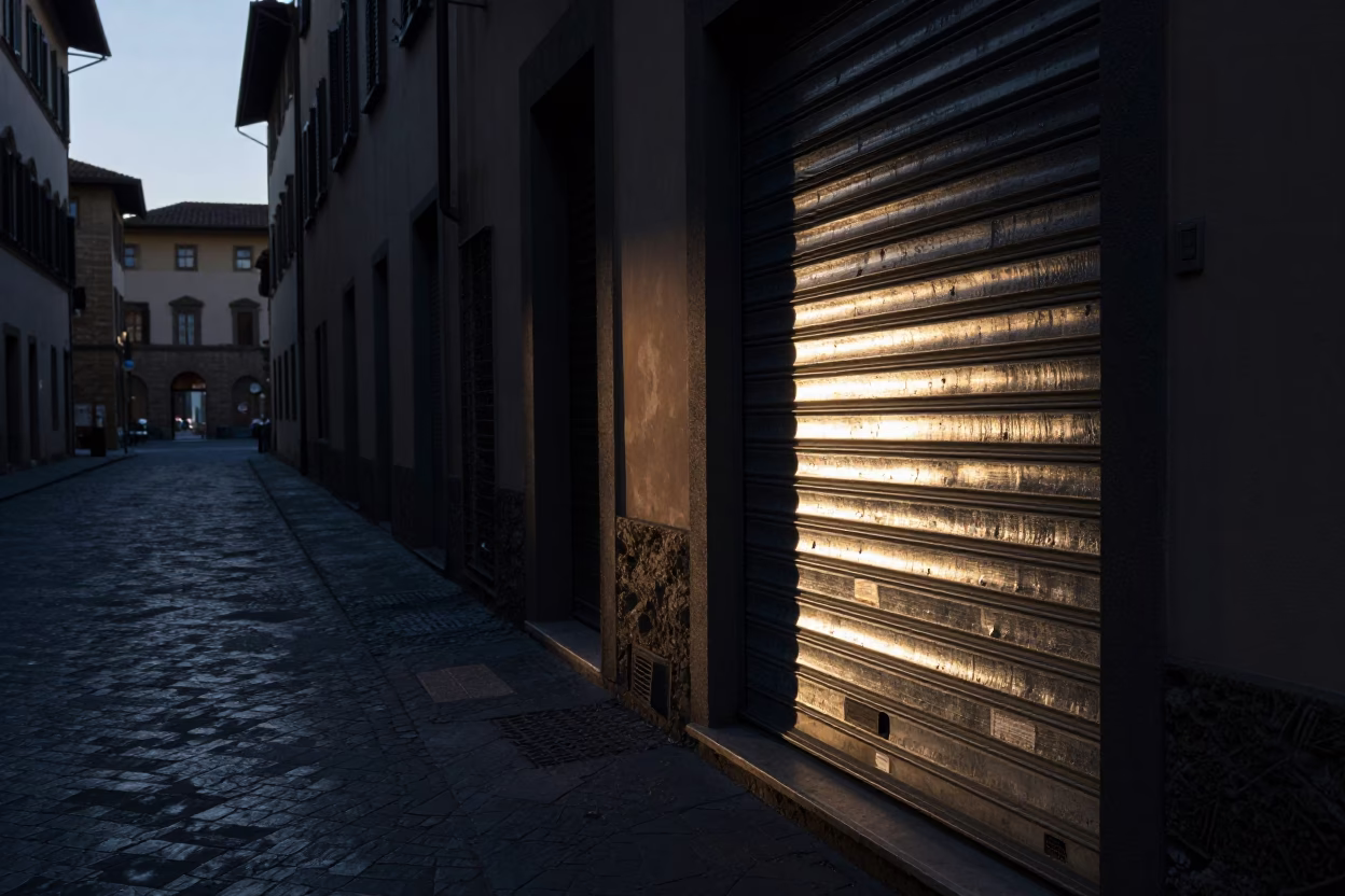 Predawn Florence Street with Sun Stripe on Mirror Edge and Pomegranate in in Florence, Italy
