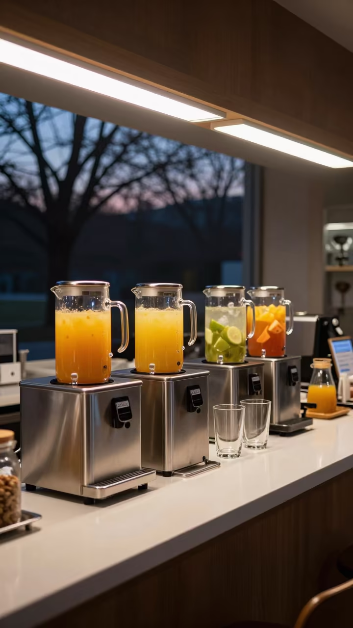 Predawn Fluorescent Juice Station in Daegu Reception in at a reception desk under warm light in Daegu