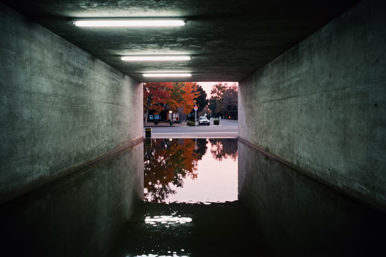 Predawn Fluorescent Reflections in Fuzhou Skylight in inside a skylit passageway near Fuzhou