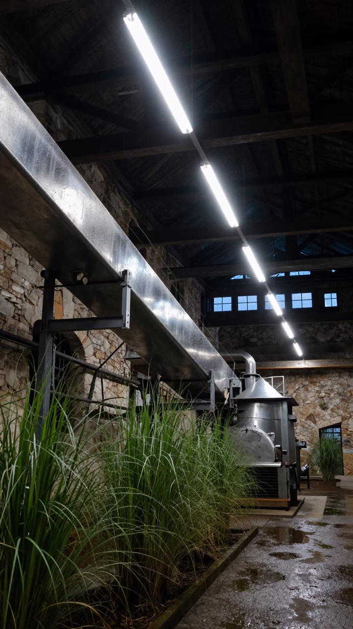 Predawn Fluorescent Sugar Mill Ruin Austria in inside a packing hall with stainless conveyors in Austria