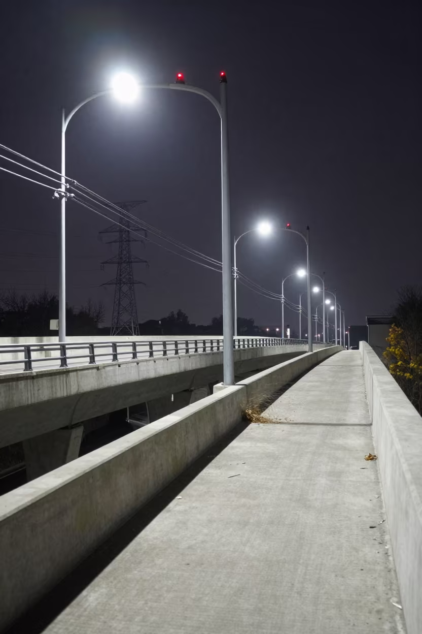 Predawn Flyover Deck With Cable Trays in beneath transmission towers in Angren