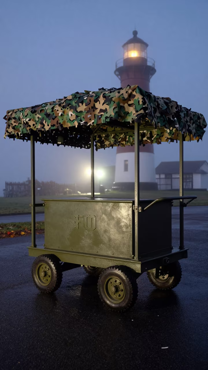 Predawn FOD Magnet Cart Under Camouflage Net Shelter in beneath a camouflage net shelter in Victoria