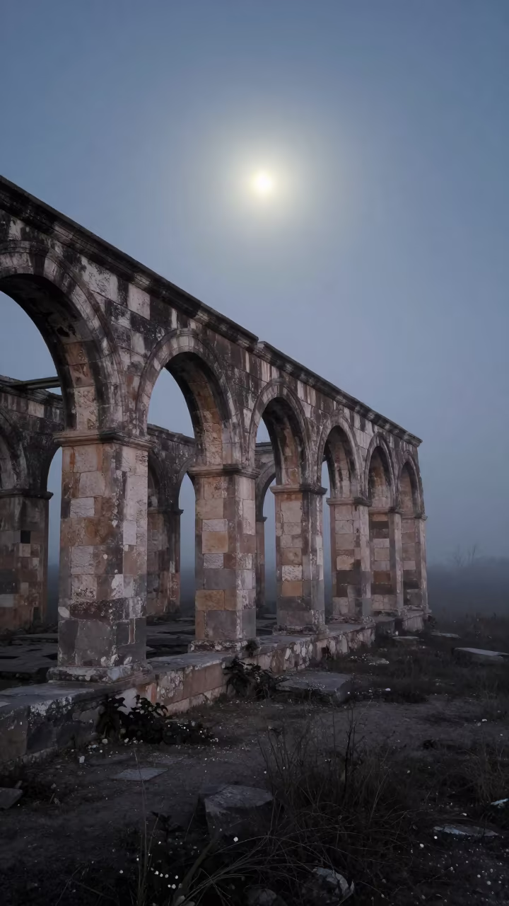 Predawn Fog Pools in Roofless Hammam Muhanga in inside a roofless hammam near Muhanga