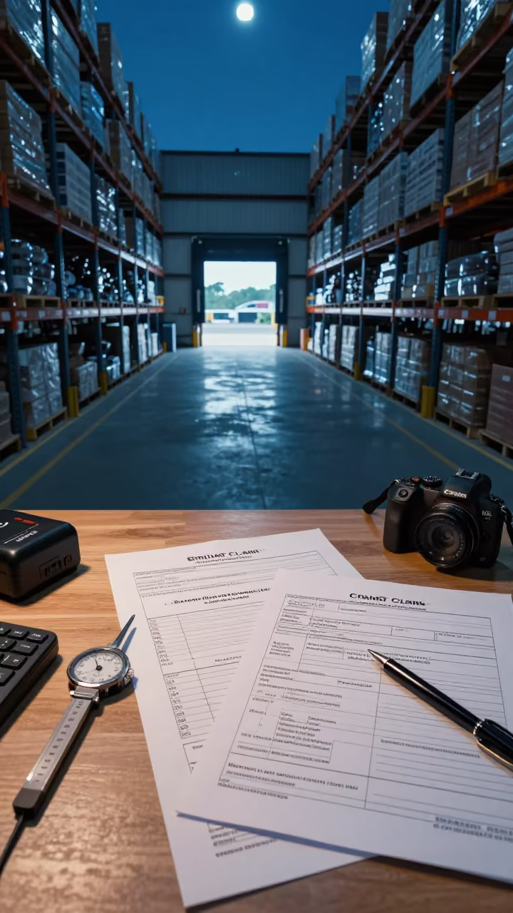 Predawn Freight Claim Desk Inspection Forms in along inventory racks under cool warehouse light in Bandar Lampung