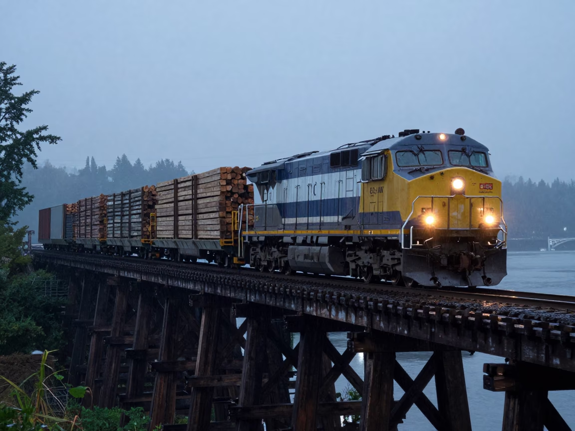 Predawn Freight Train Crossing Timber Trestle in Rainy Seattle Washington 1970s in in Seattle, Washington, United States