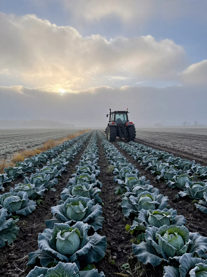 Predawn Frost on Autumn Cabbage Furrow in beside a tractor track through dark soil near Concordia