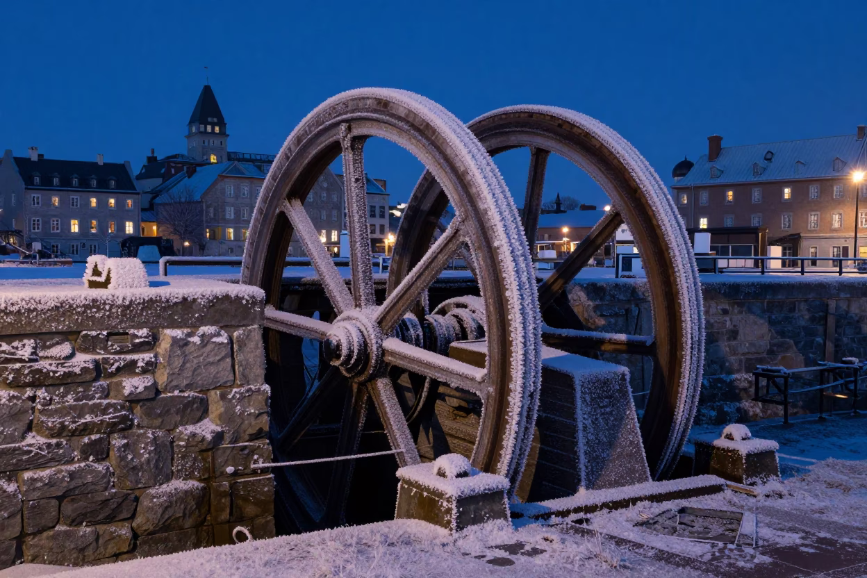 Predawn Frost on Quebec City Sluice Gate Wheel Near Old Port Canal in in Quebec City, Quebec, Canada
