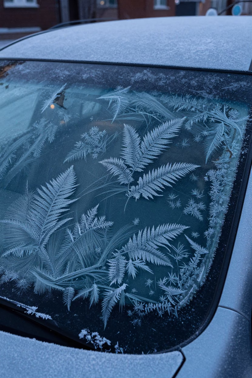 Predawn Frost Patterns on Car Window Reflecting Toronto City Skyline and Streetlights in in Toronto, Ontario, Canada
