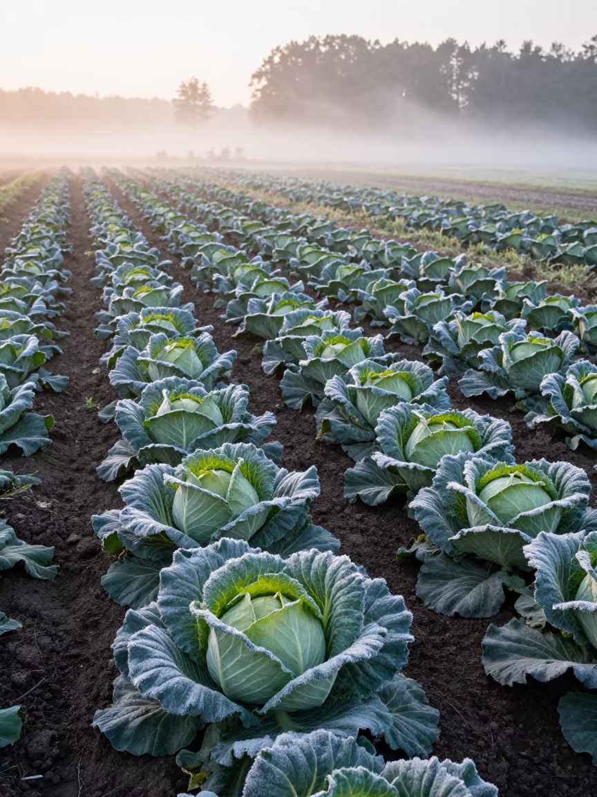Predawn Frost on Vermont Cabbage Rows at Dawn in along freshly irrigated rows in Vermont