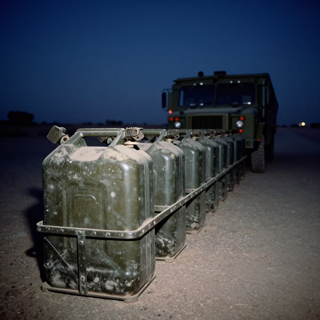 Predawn Fuel Jar Caddy Beside Convoy Halt Muscat in beside a convoy halt on open ground near Muscat