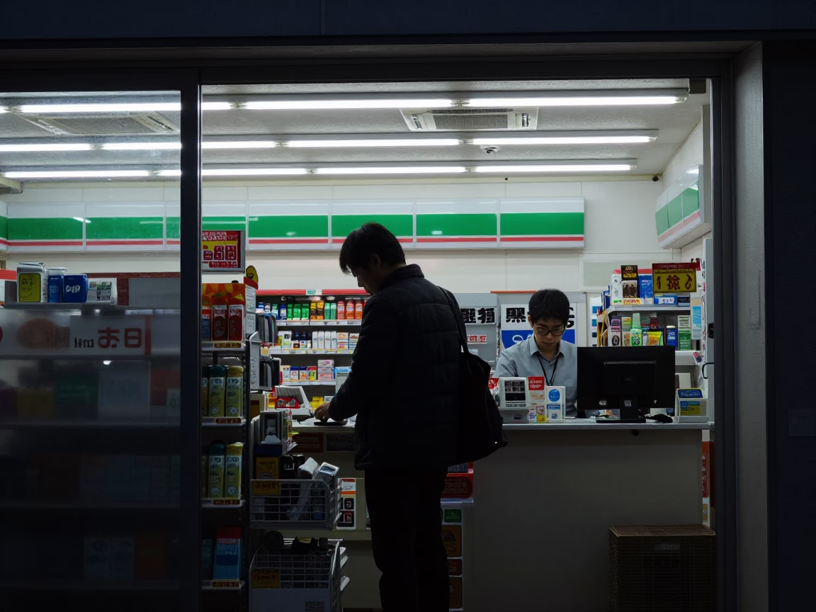 Predawn Fukuoka Convenience Store Interior with Customer and Clerk Interaction in in Fukuoka, Japan
