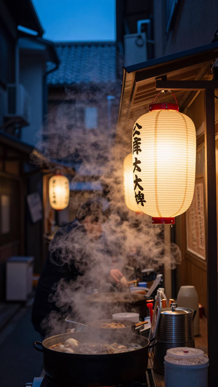 Predawn Fukuoka Street Food Stall Steam and Lanterns in Early Morning Darkness in in Fukuoka, Japan