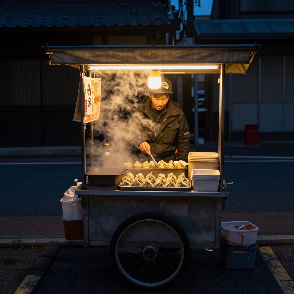Predawn Fukuoka Street Food Stall with Mandu Dumplings and Dipping Sauce in in Fukuoka, Japan