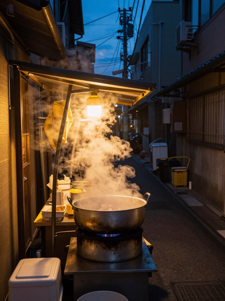 Predawn Fukuoka Street Food Stall with Steam and Cooking Utensils in in Fukuoka, Japan