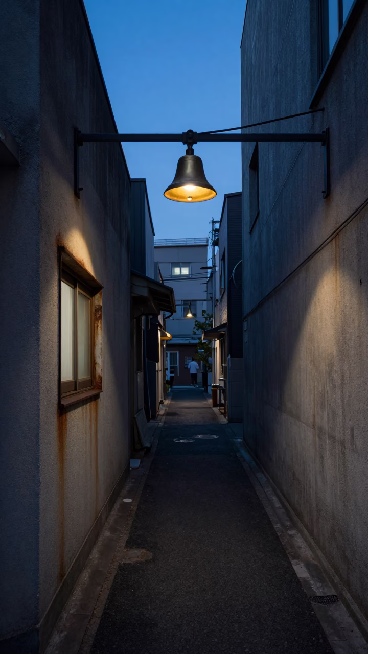 Predawn Fukuoka Street Scene with Brass Bell and Metal Bucket in in Fukuoka, Japan