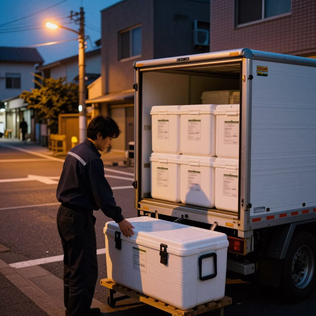 Predawn Fukuoka Street Scene with Cold Chain Logistics Crates and Insulated Containers in in Fukuoka, Japan