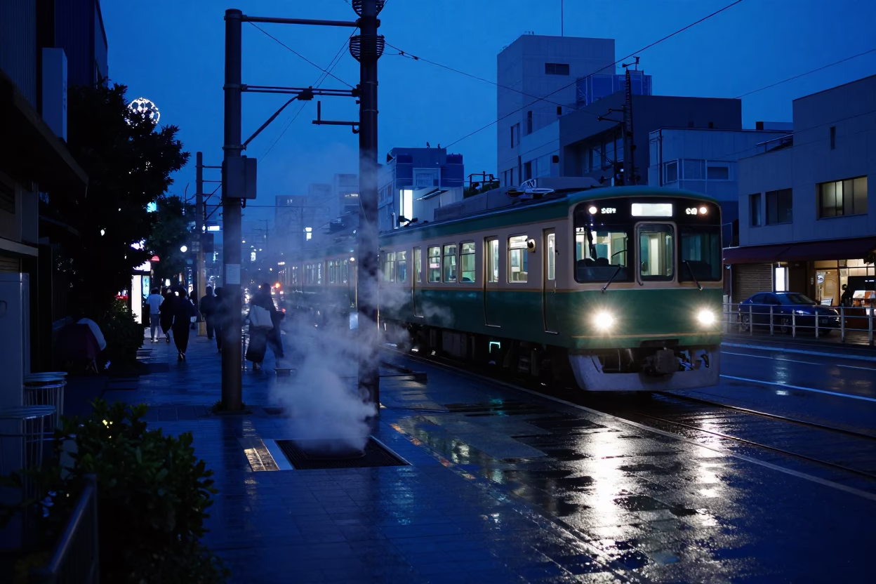 Predawn Fukuoka Street Scene with Commuter Train and Wet Urban Details in in Fukuoka, Japan