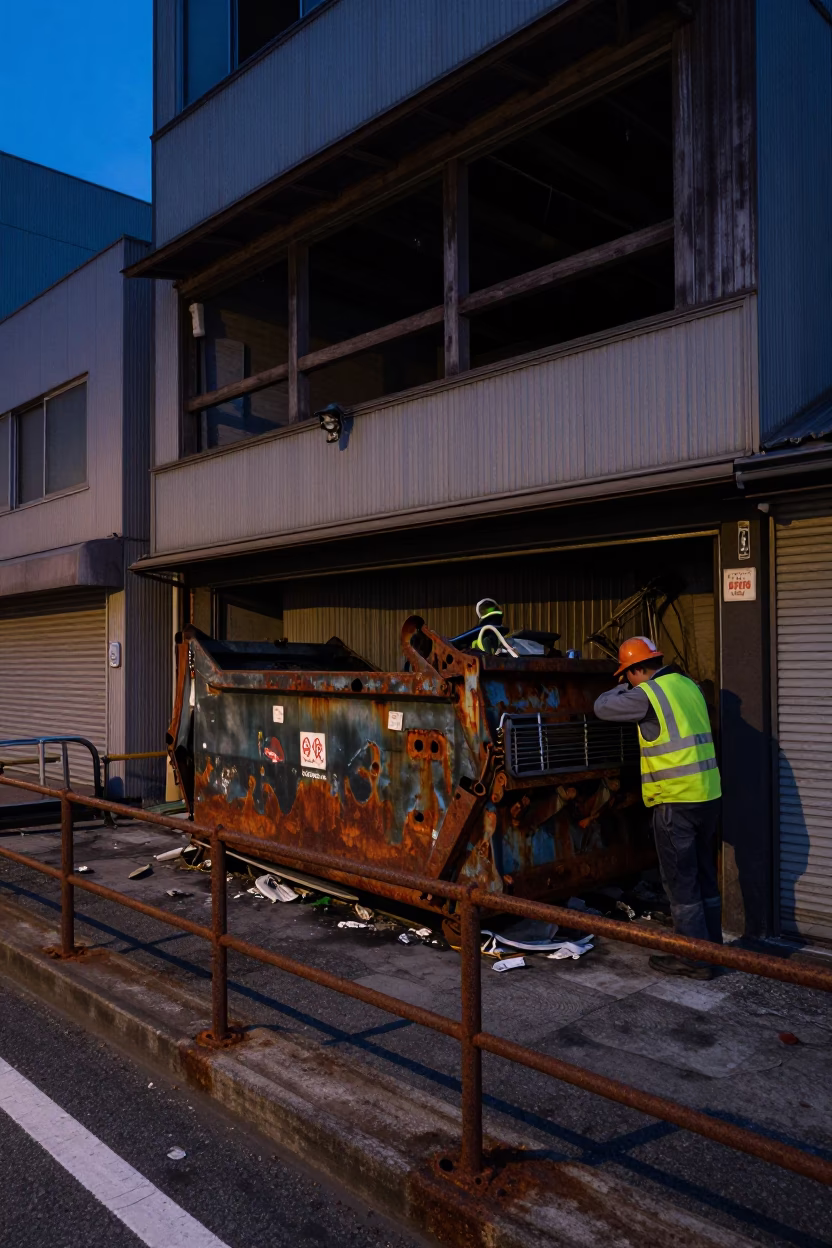 Predawn Fukuoka Street Scene with Demolition Dumpster and Rusty Rail Near Gutted Storefront in in Fukuoka, Japan