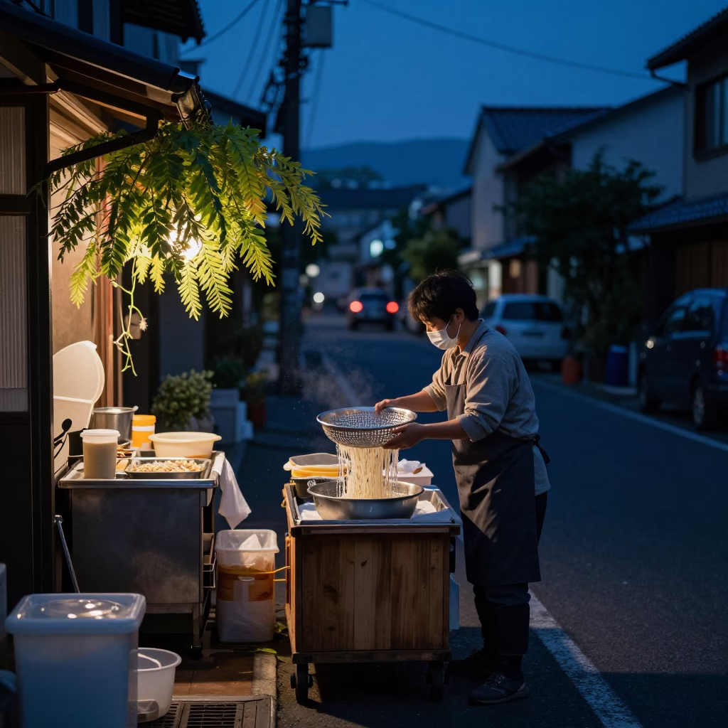 Predawn Fukuoka Street Scene with Horsetail Plants and Kitchen Colander in in Fukuoka, Japan